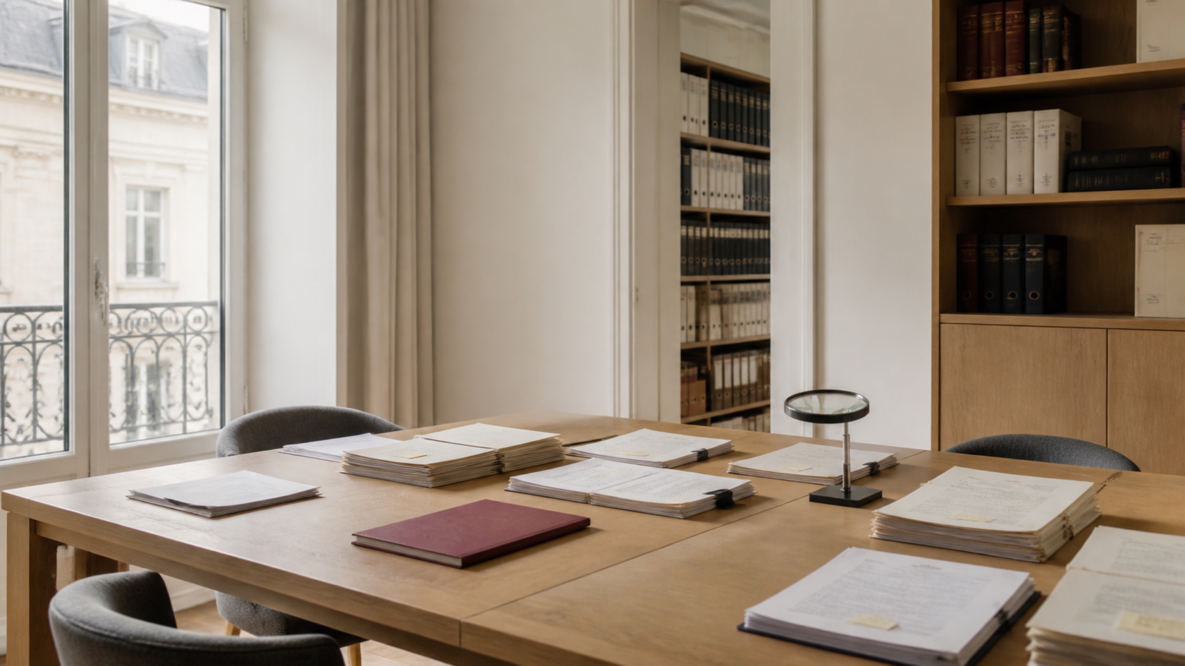 A daylight records-review room with working papers and one burgundy dossier