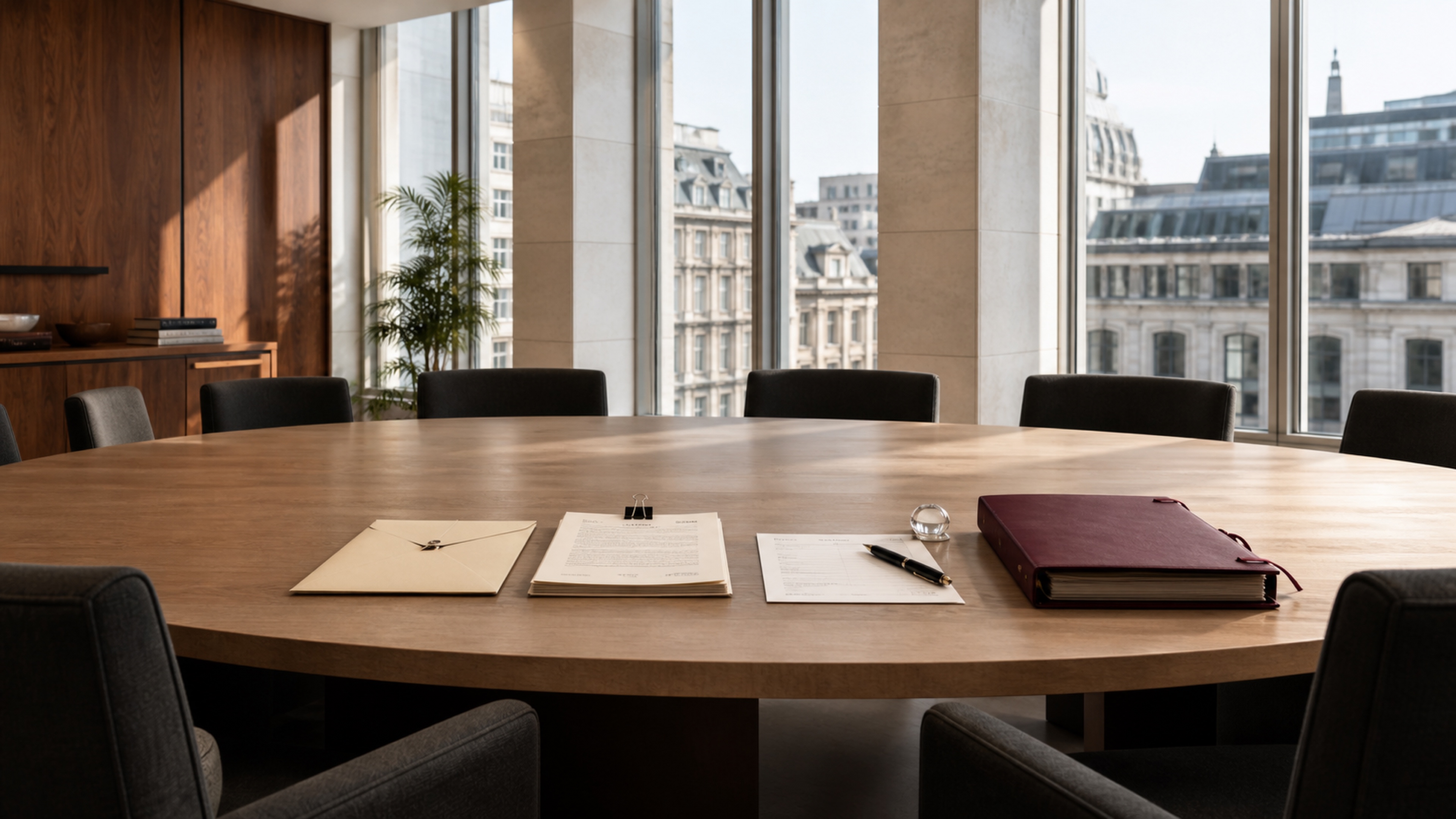 A European decision room with a Notice, assessment papers and a burgundy case file arranged on the table
