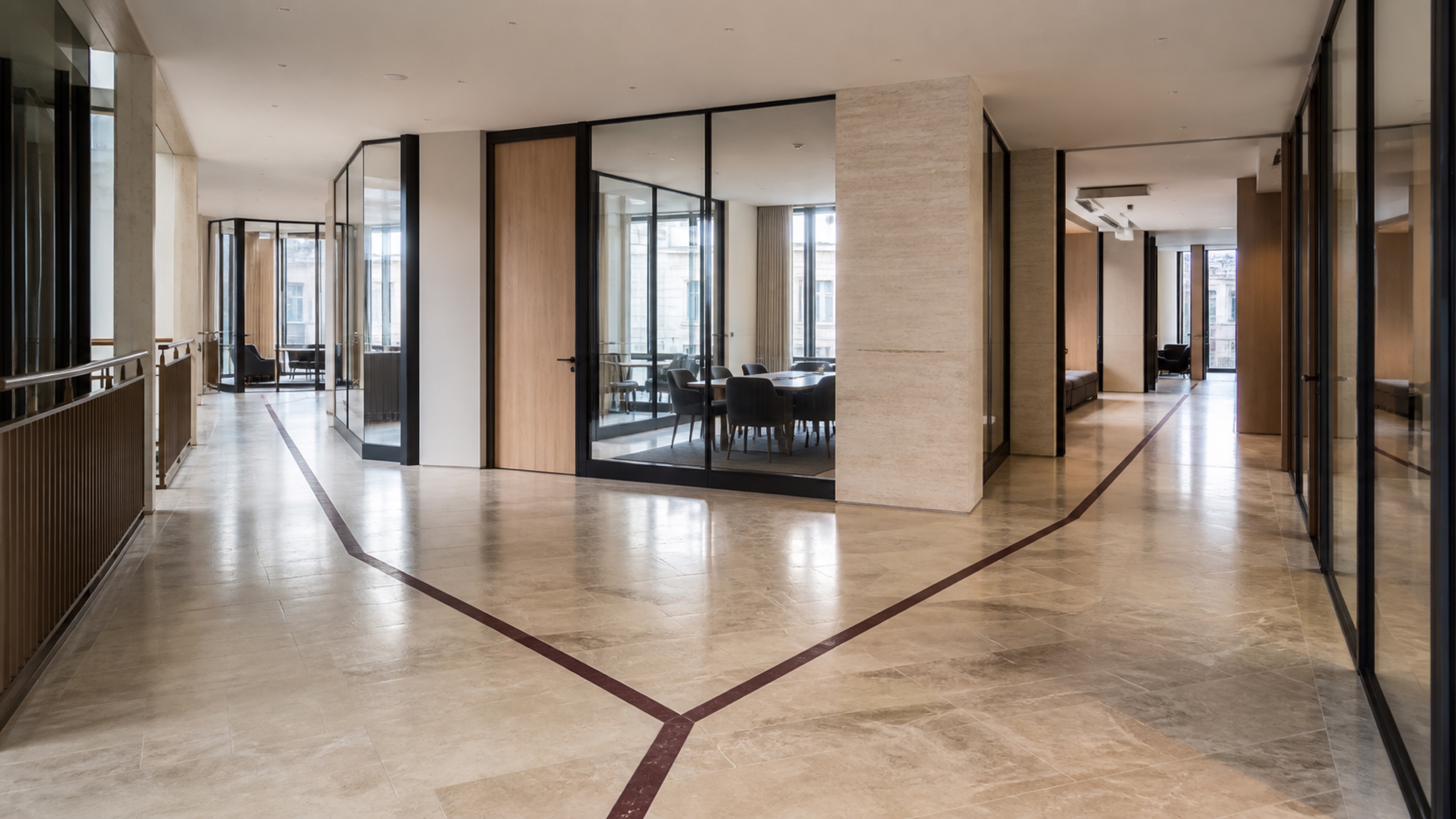 A professional atrium branching toward several rooms along a subtle burgundy floor inlay